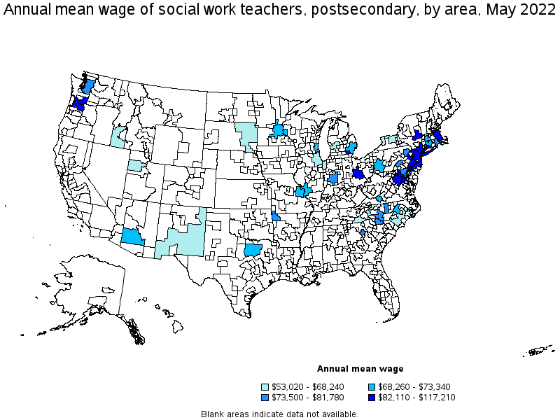 Map of annual mean wages of social work teachers, postsecondary by area, May 2022