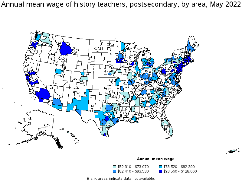Map of annual mean wages of history teachers, postsecondary by area, May 2022