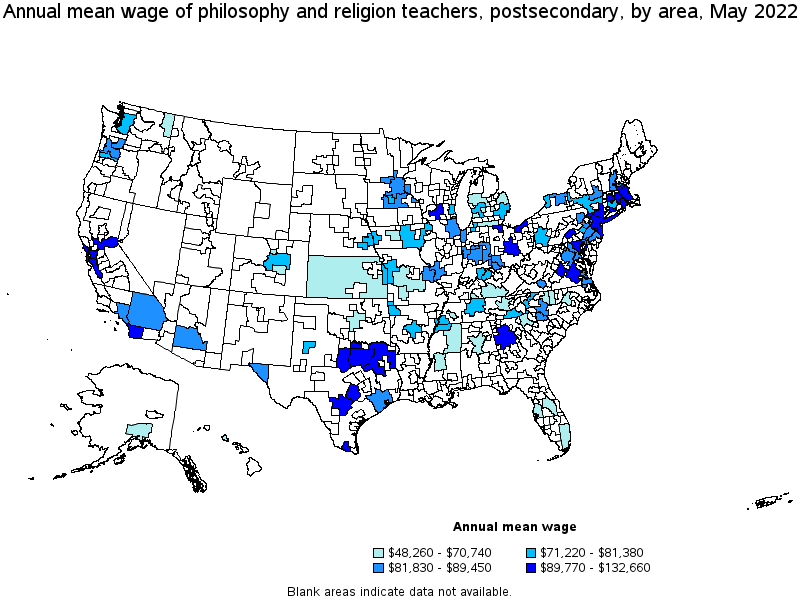 Map of annual mean wages of philosophy and religion teachers, postsecondary by area, May 2022