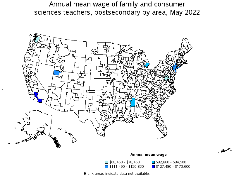 Map of annual mean wages of family and consumer sciences teachers, postsecondary by area, May 2022