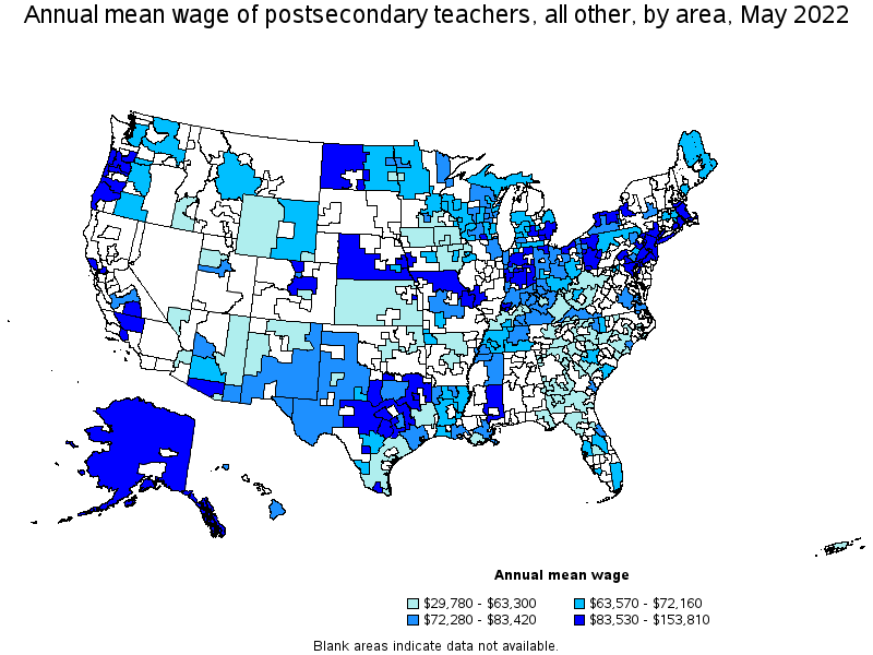 Map of annual mean wages of postsecondary teachers, all other by area, May 2022