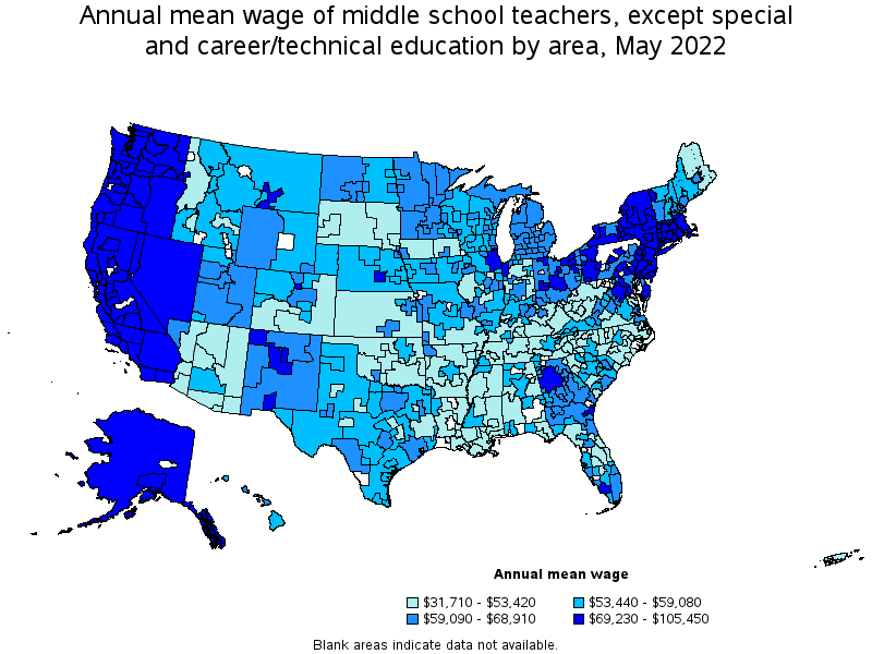 Map of annual mean wages of middle school teachers, except special and career/technical education by area, May 2022