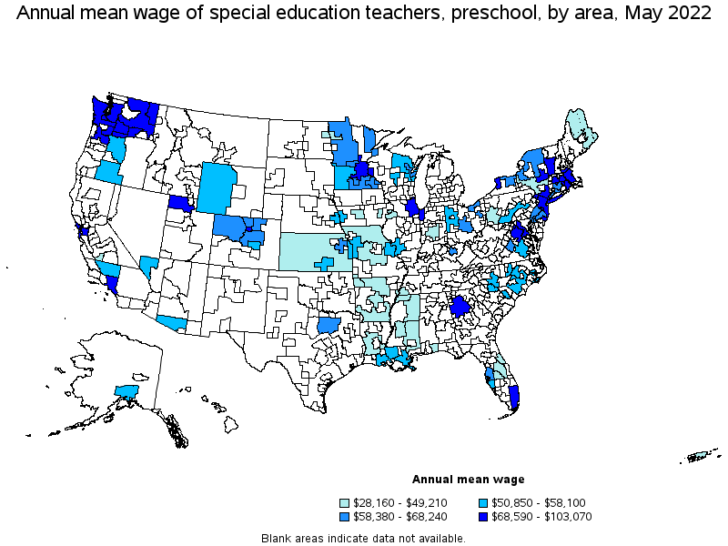 Map of annual mean wages of special education teachers, preschool by area, May 2022