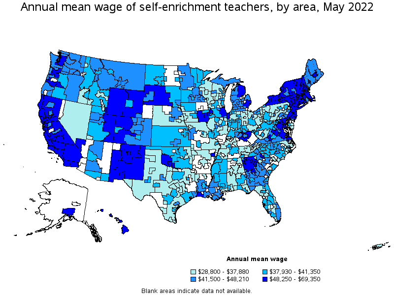 Map of annual mean wages of self-enrichment teachers by area, May 2022