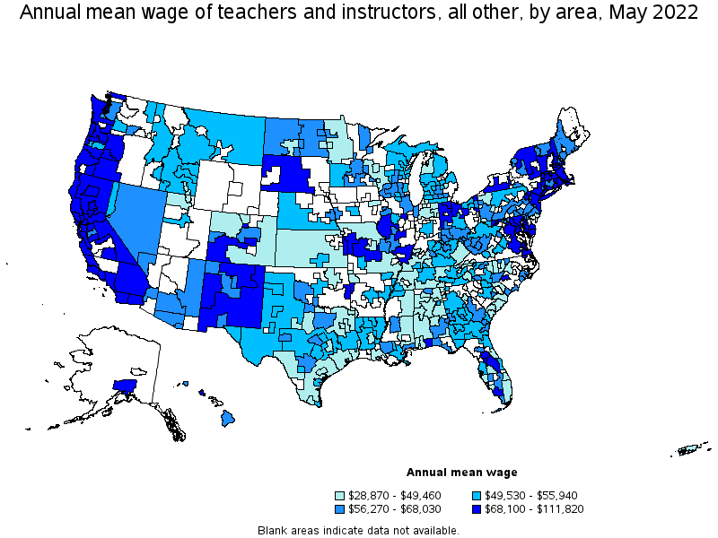 Map of annual mean wages of teachers and instructors, all other by area, May 2022