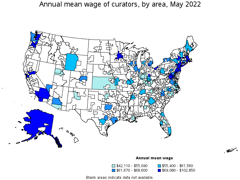 Map of annual mean wages of curators by area, May 2022