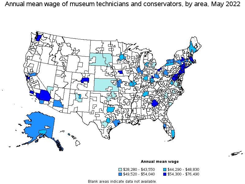 Map of annual mean wages of museum technicians and conservators by area, May 2022