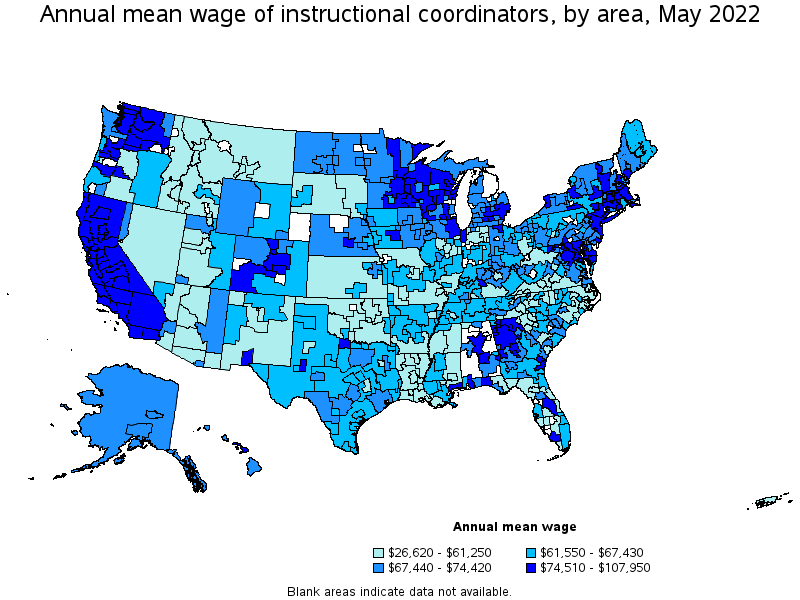 Map of annual mean wages of instructional coordinators by area, May 2022
