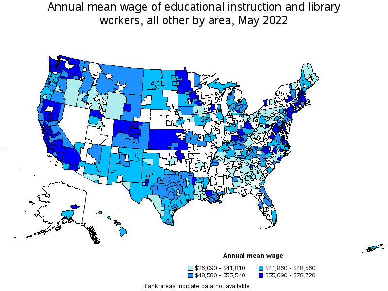 Map of annual mean wages of educational instruction and library workers, all other by area, May 2022