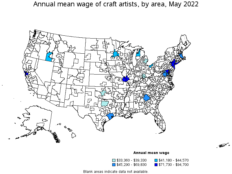 Map of annual mean wages of craft artists by area, May 2022