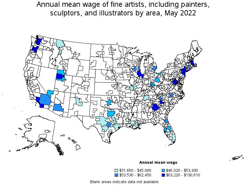 Map of annual mean wages of fine artists, including painters, sculptors, and illustrators by area, May 2022