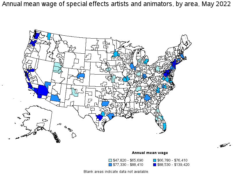 Map of annual mean wages of special effects artists and animators by area, May 2022