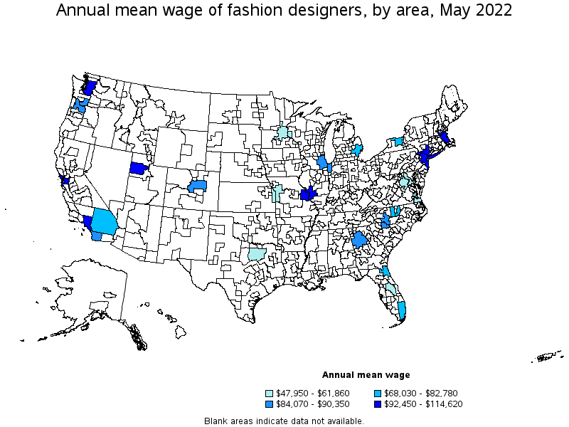 Map of annual mean wages of fashion designers by area, May 2022