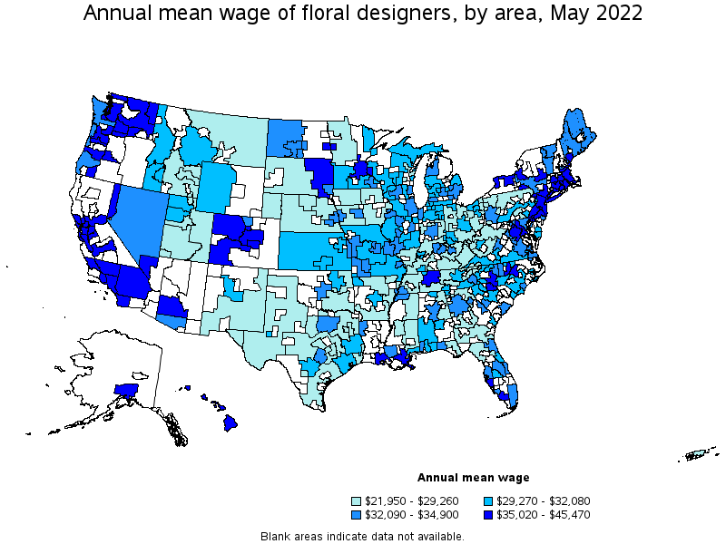 Map of annual mean wages of floral designers by area, May 2022