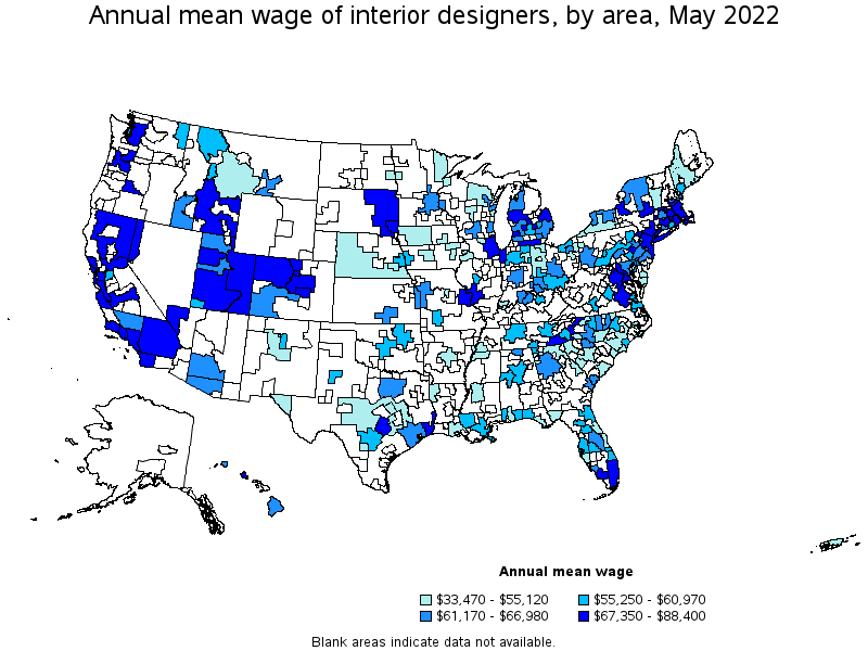 Map of annual mean wages of interior designers by area, May 2022