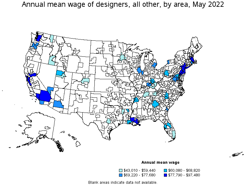 Map of annual mean wages of designers, all other by area, May 2022