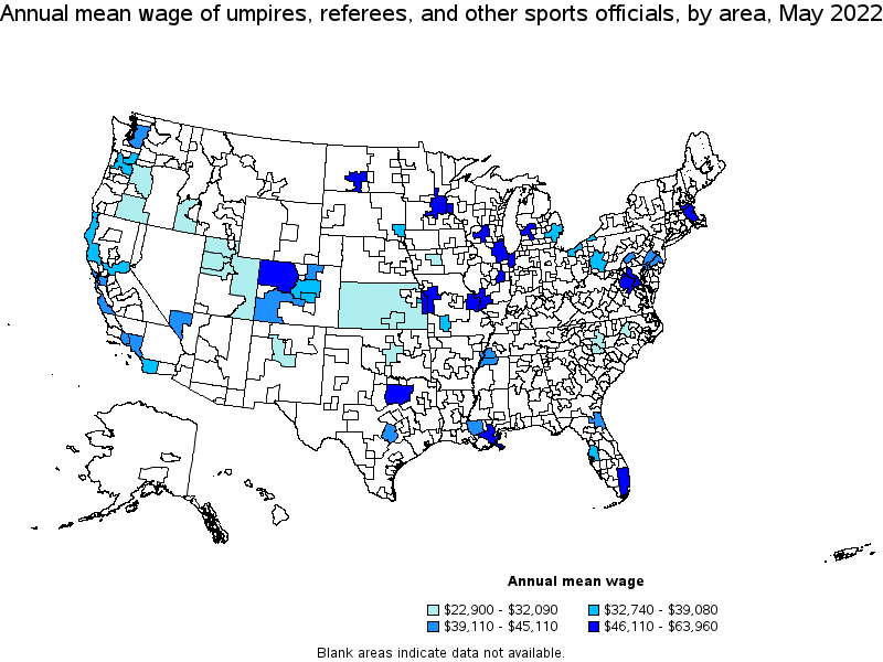 Map of annual mean wages of umpires, referees, and other sports officials by area, May 2022