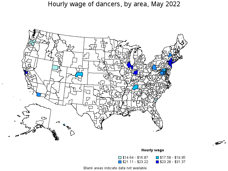 Map of annual mean wages of dancers by area, May 2022