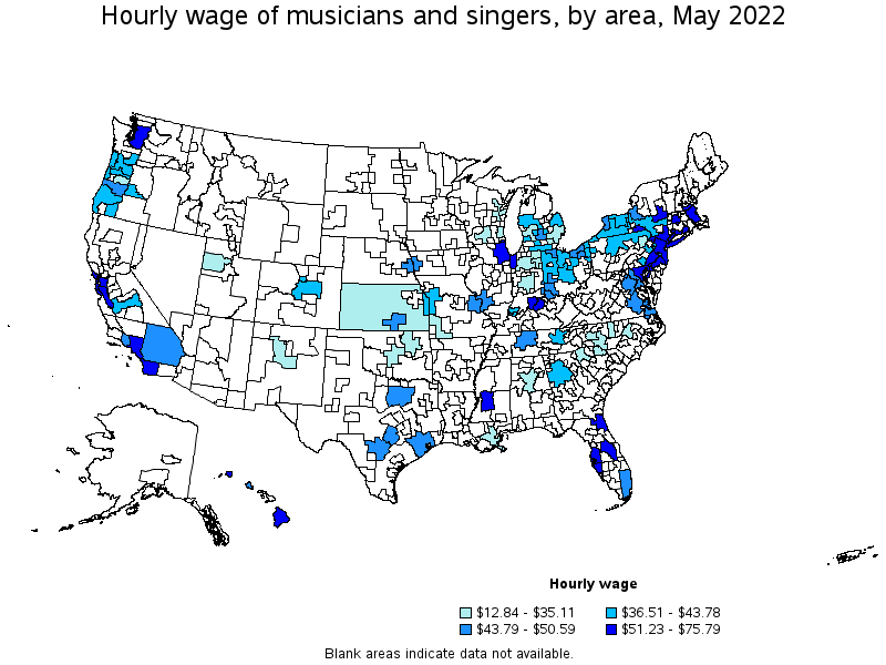 Map of annual mean wages of musicians and singers by area, May 2022