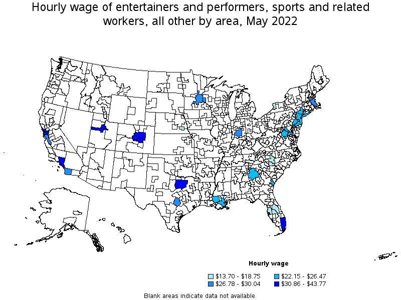 Map of annual mean wages of entertainers and performers, sports and related workers, all other by area, May 2022