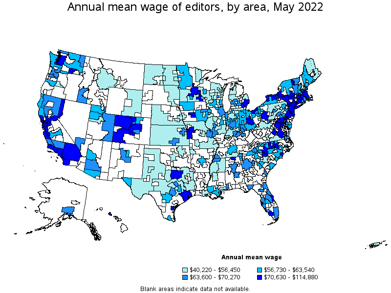 Map of annual mean wages of editors by area, May 2022