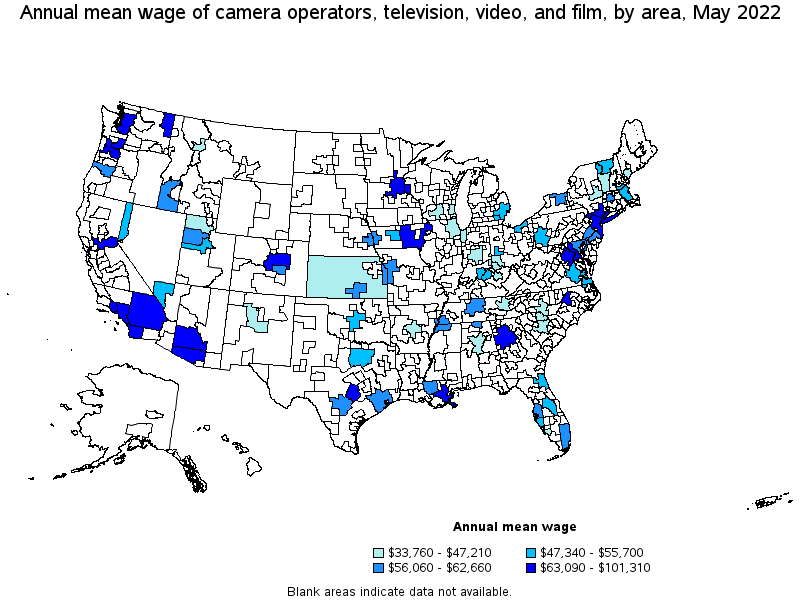 Map of annual mean wages of camera operators, television, video, and film by area, May 2022