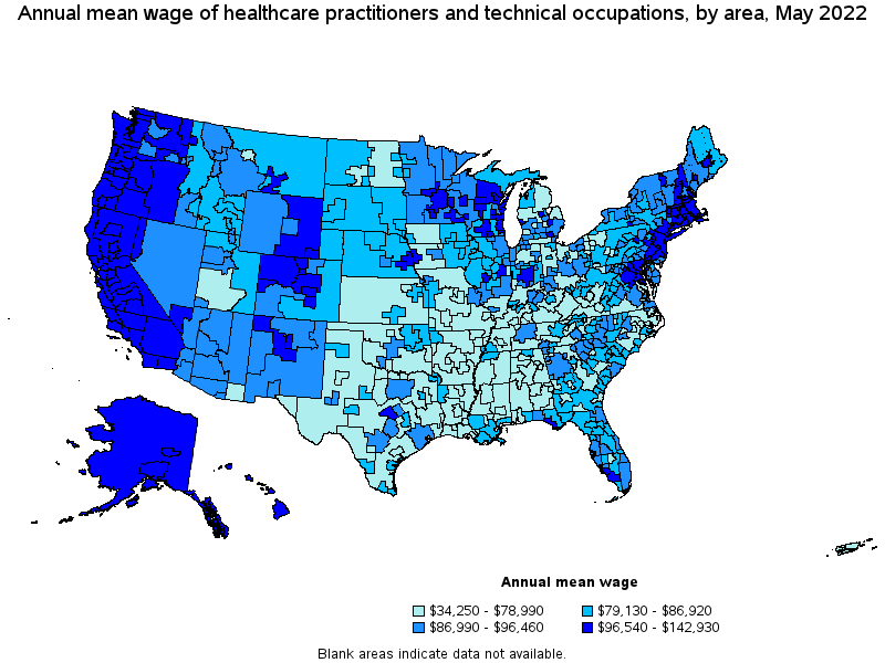 Map of annual mean wages of healthcare practitioners and technical occupations by area, May 2022
