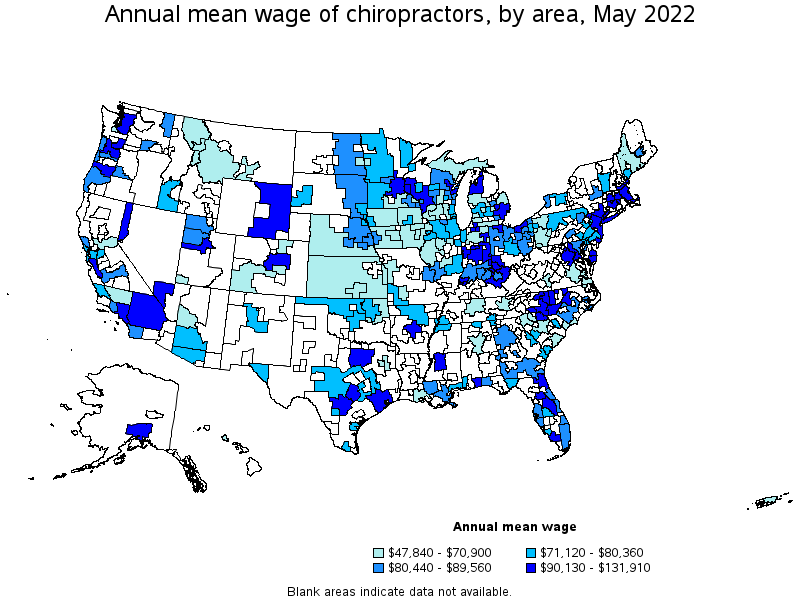 Map of annual mean wages of chiropractors by area, May 2022