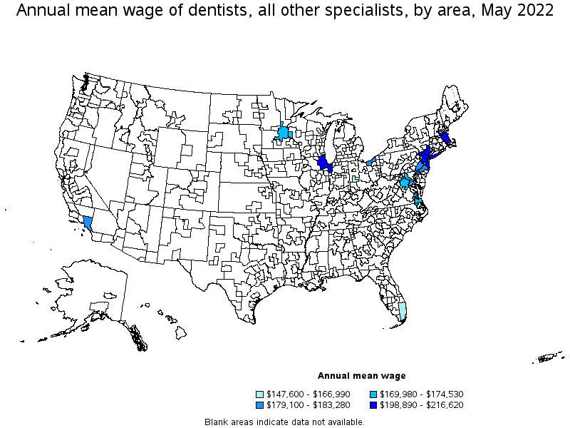 Map of annual mean wages of dentists, all other specialists by area, May 2022