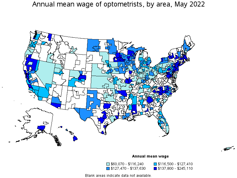 Map of annual mean wages of optometrists by area, May 2022