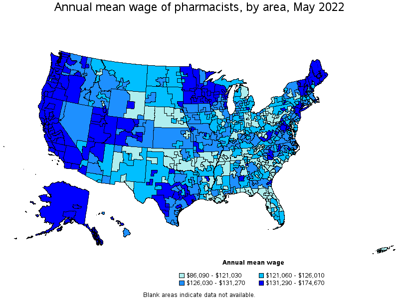 Map of annual mean wages of pharmacists by area, May 2022