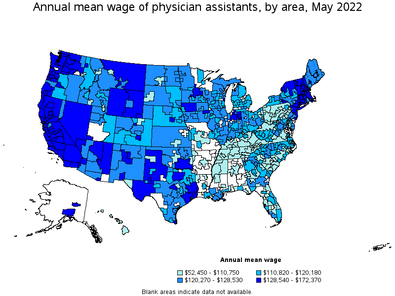 Map of annual mean wages of physician assistants by area, May 2022