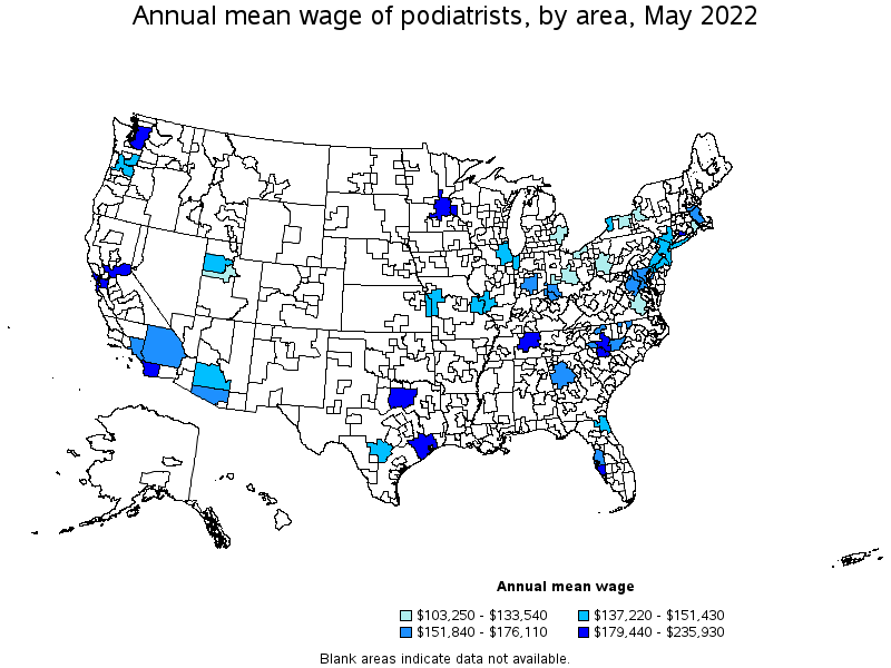 Map of annual mean wages of podiatrists by area, May 2022