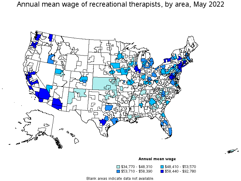 Map of annual mean wages of recreational therapists by area, May 2022