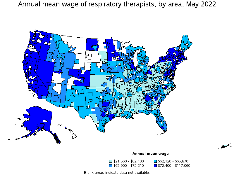 Map of annual mean wages of respiratory therapists by area, May 2022