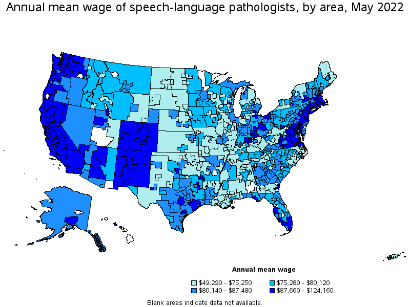 Map of annual mean wages of speech-language pathologists by area, May 2022