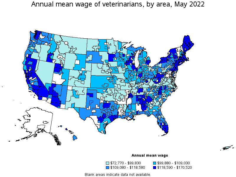 Map of annual mean wages of veterinarians by area, May 2022