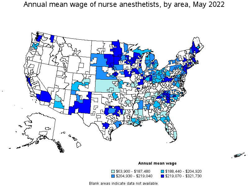Map of annual mean wages of nurse anesthetists by area, May 2022