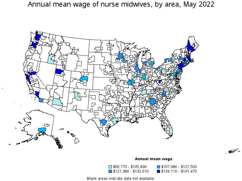 Map of annual mean wages of nurse midwives by area, May 2022