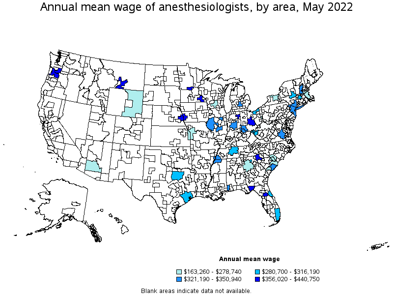 Map of annual mean wages of anesthesiologists by area, May 2022