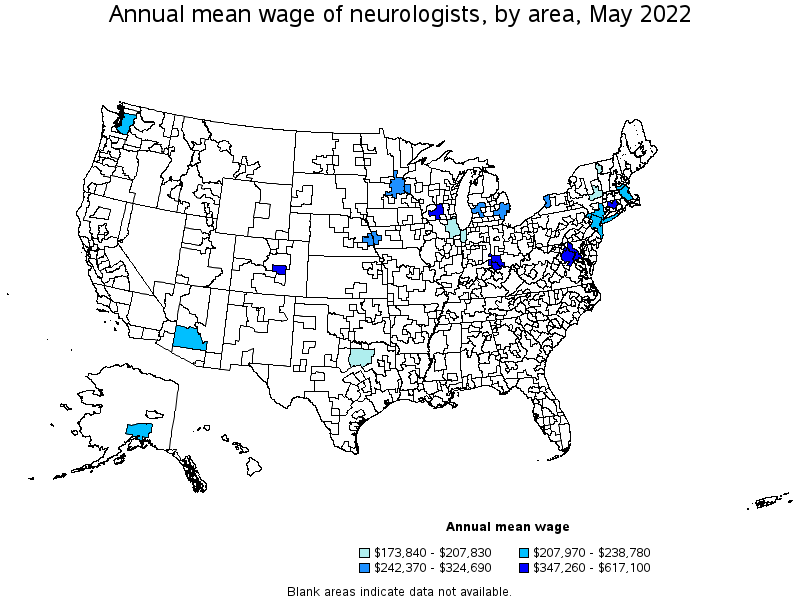 Map of annual mean wages of neurologists by area, May 2022