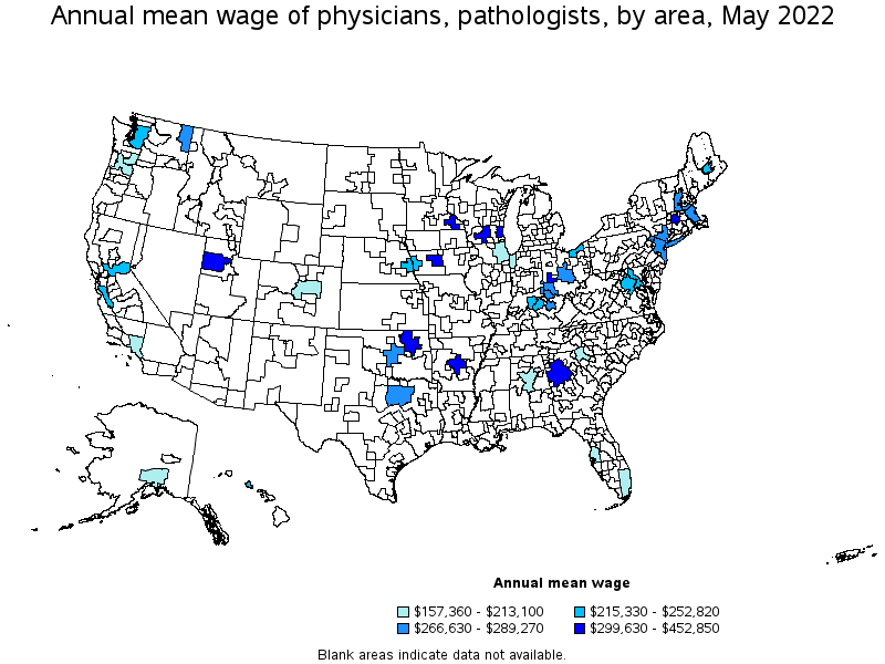 Map of annual mean wages of physicians, pathologists by area, May 2022