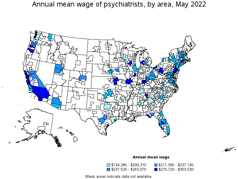 Map of annual mean wages of psychiatrists by area, May 2022