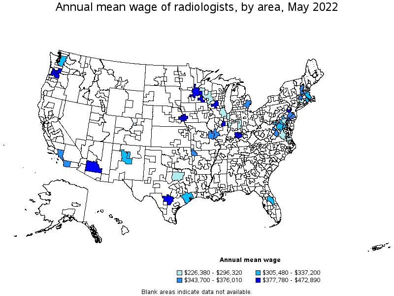 Map of annual mean wages of radiologists by area, May 2022
