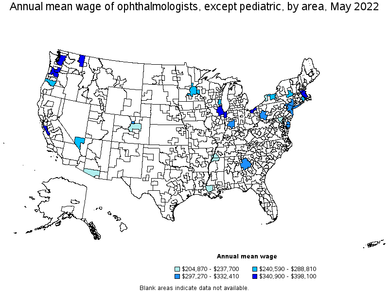 Map of annual mean wages of ophthalmologists, except pediatric by area, May 2022