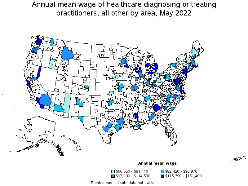 Map of annual mean wages of healthcare diagnosing or treating practitioners, all other by area, May 2022