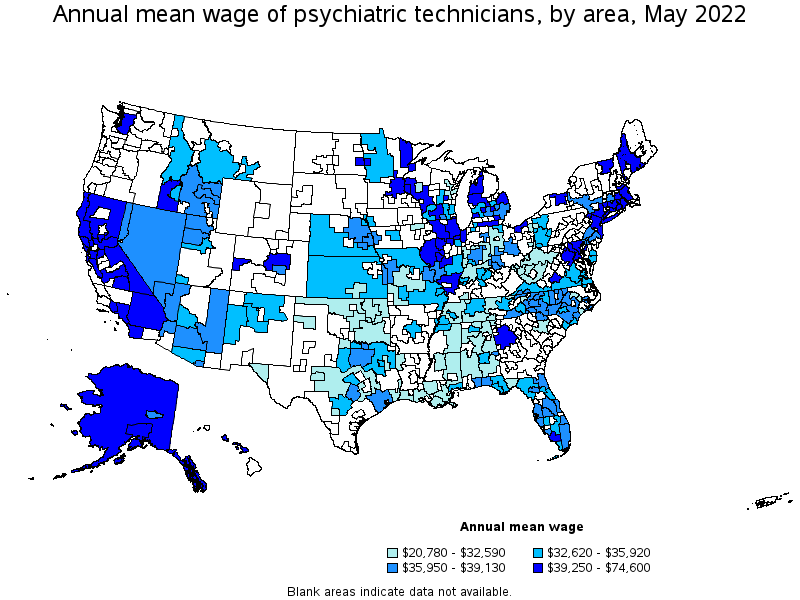 Map of annual mean wages of psychiatric technicians by area, May 2022