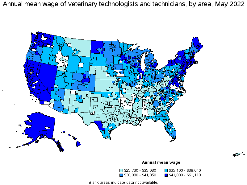 Map of annual mean wages of veterinary technologists and technicians by area, May 2022