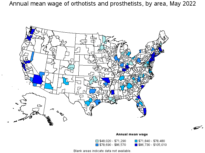 Map of annual mean wages of orthotists and prosthetists by area, May 2022