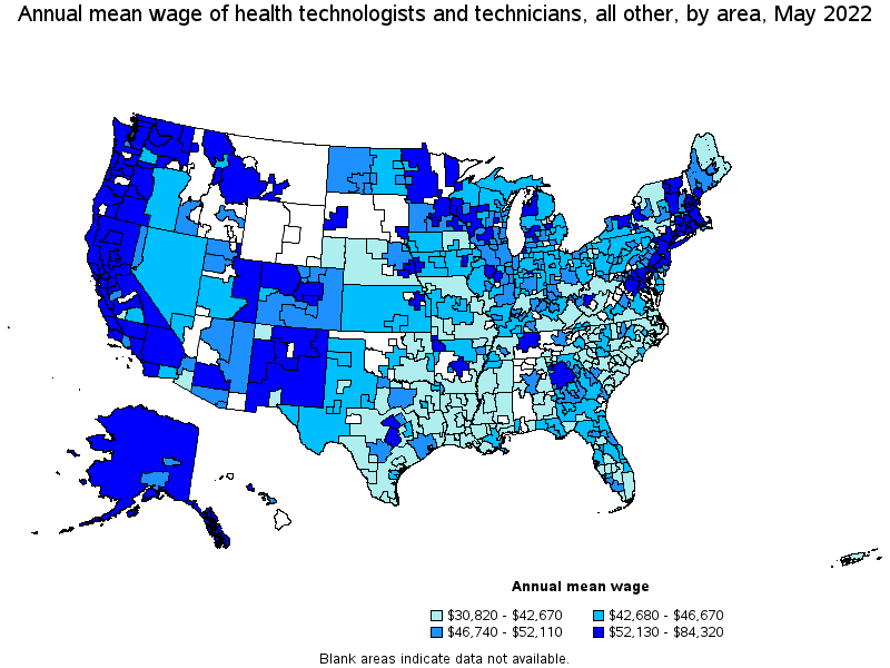 Map of annual mean wages of health technologists and technicians, all other by area, May 2022